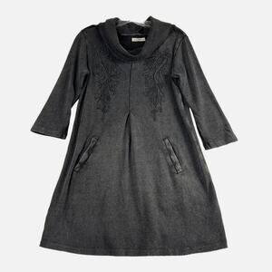 Kyla Seo CAITE 3/4 Sleeve Embroidered Cowl Neck Waffle Knit Dress Casual Gray